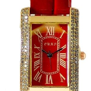 OUKJ Designer Red Women's Watch with glass Crystals. Trendy & Beautuful